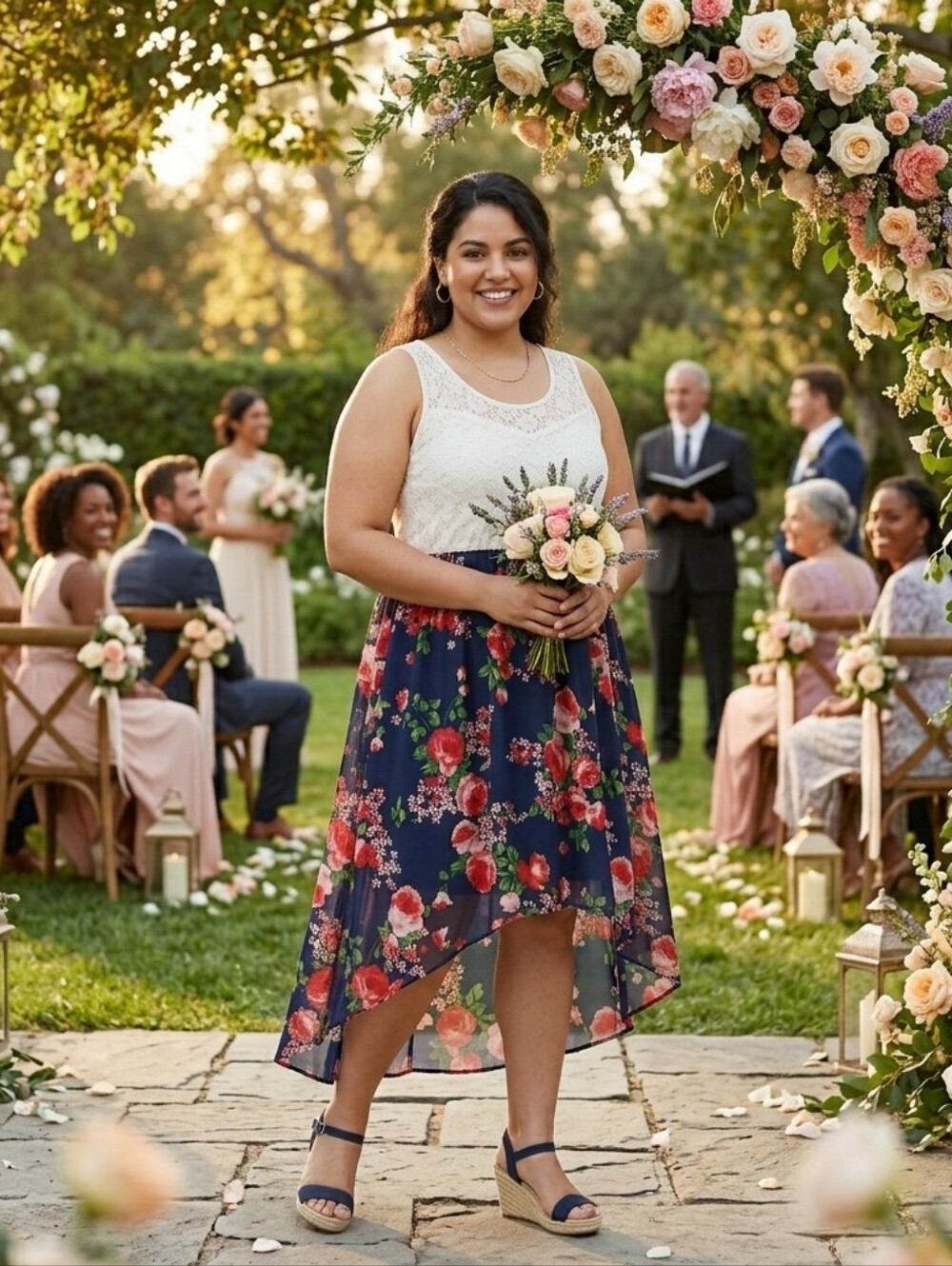 Deb 2X Plus Navy Floral Lace High Low Dress Chiffon Skirt Lined Wedding Guest